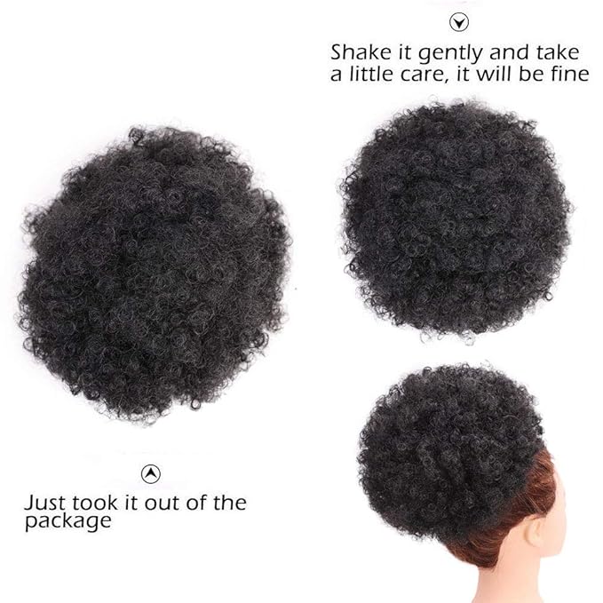 AISI QUEENS Afro Puff Clip On Synthetic Ponytail Extension for Black Women, Natural Black Short Kinky Bun for Natural Hair(1B#)