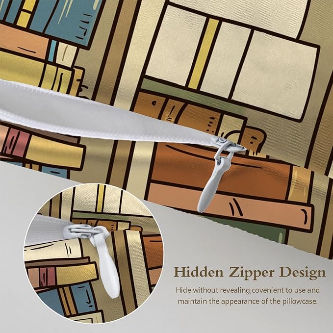 Silk Pillowcase for Hair and Skin Cartoon White Cat Bookshelf Satin Pillowcase Standard Size with Zipper Silky Soft Cooling Satin Pillowcase Sleeping for Women 20"x26"