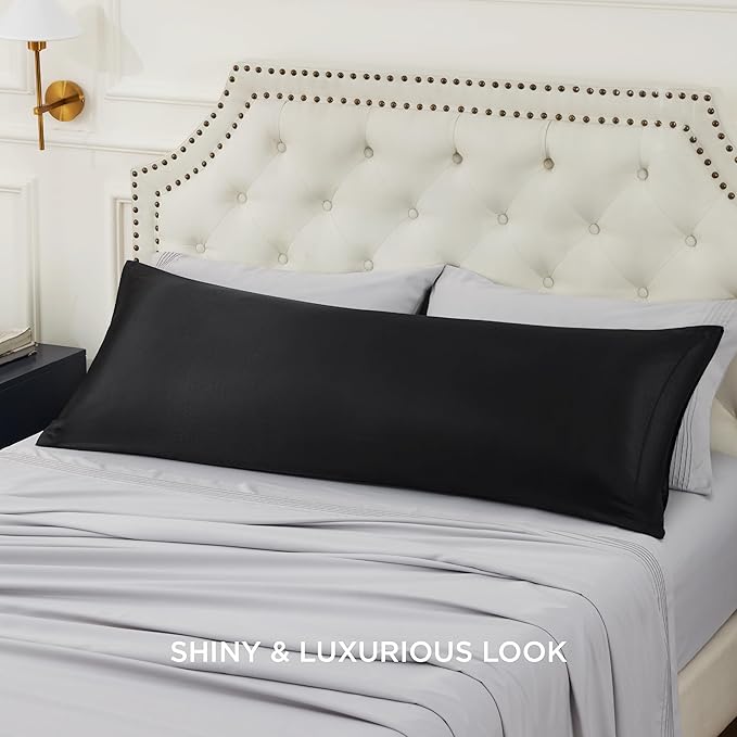 Bedsure Body Pillow Pillowcase - Cooling and Silky Long Body Pillow Covers with Envelope Closure, Satin Similar to Silk Pillowcase for Hair and Skin,Black,20x54 Inches