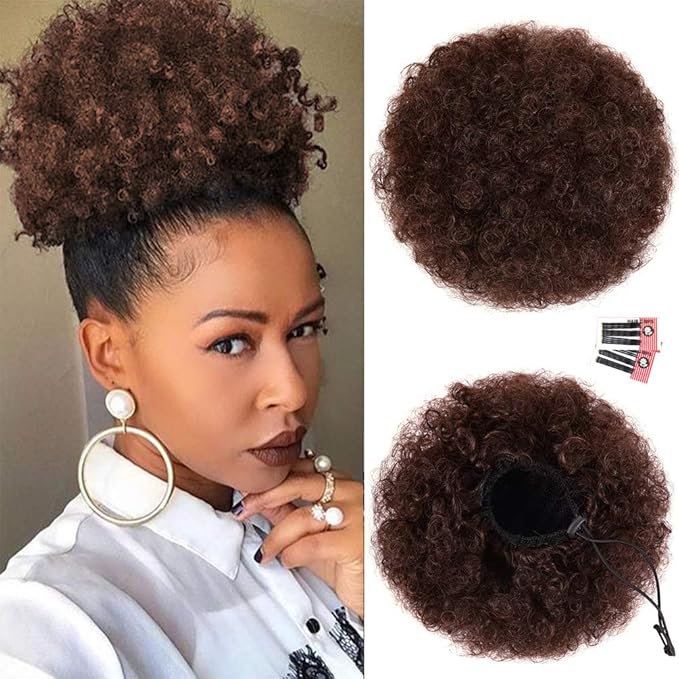 rosmile Afro Puff Drawstring Ponytail Extension for Black Women, Premium Deep Brown #33 80 Gram Short Synthetic Afro Puff Ponytail for Natural Hair, Clip On Kinky Drawstring Curly Ponytail Bun