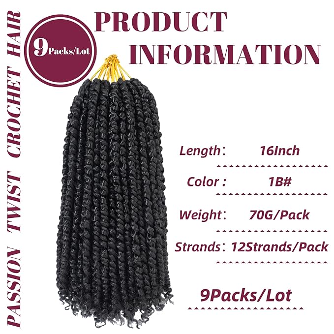 9 packs Pre-twisted Passion Twist Crochet Hair 12 Roots/pack 16 Inch Pre-looped Crochet Braids Hair for Passion Twist Braiding Hair Natural Black Twists Hair(16 Inch,1B#)