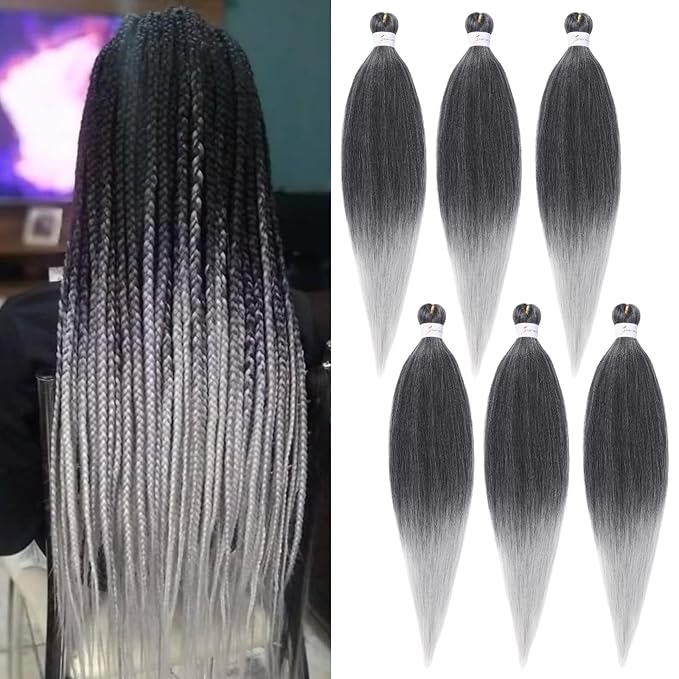 Ombre Braiding Hair 24 Inch Pre Stretched Braiding Hair Professional Hair Extensions 6 Packs Ombre Black to Gray Synthetic Crochet Hair Braids Yaki Texture Hair Braiding(24Inch,1B/Silver#)