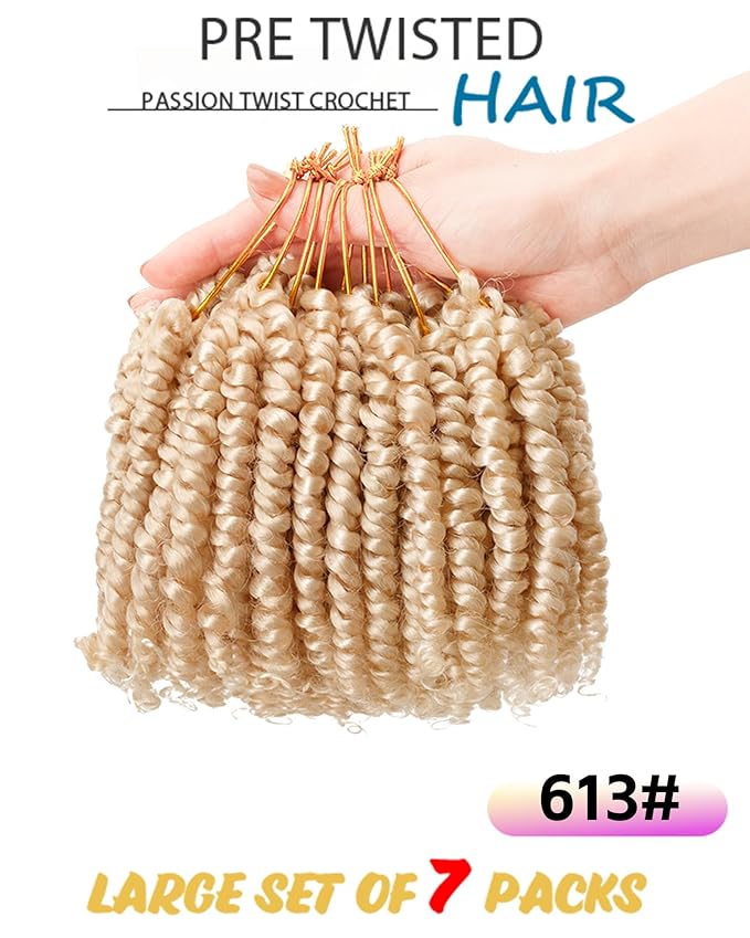 4 Inch 7 Packs Super Short Passion Twist Crochet Hair for Black Women and Kids-Blonde Pre Looped Pretwisted Soft Hair Extensions,Braided by Synthetic Spring Kinky Twist Bohemian Curl(4"-7P,613#)