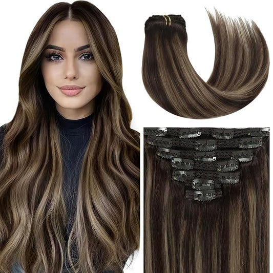 Caliee Hair Extensions Clip in Human Hair Ombre Dark Brown to Chestnut Brown with Dark Brown Roots Double Lace Weft Straight Clip in Hair Extensions Real Human Hair 120 G 7 Pcs 14 Inch