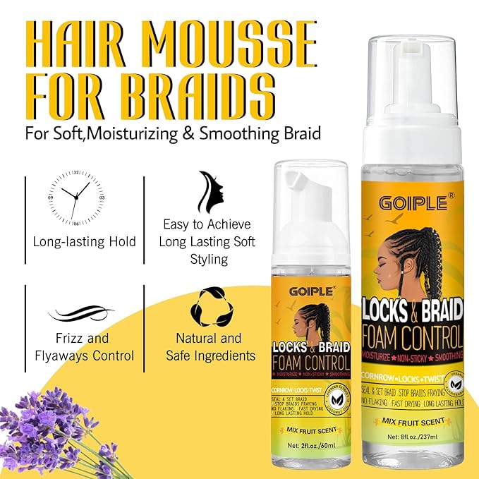 Braid Foam Control Mousse Braiding Hair Mousse for Braids Twist, Locs, No Flake Extra Hold High Shine Style and Moisturizes, Lightweight, Smooth, No Flake Easy to Apply (4pcs)