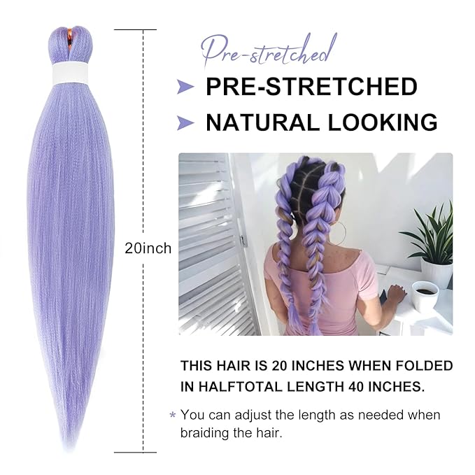 Light Purple Braiding Hair Extensions Rumi Wig Hair Pre Stretched Lavender 20 Inch 3 Packs Professional Easy Braiding for Crochet Braids Twists Locs Hair Soft Yaki Texture Hot Water Setting Synthetic