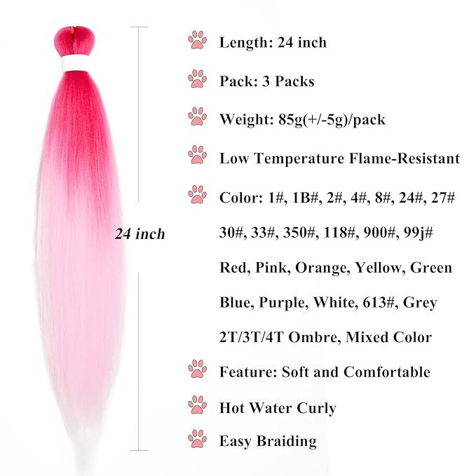 Ombre Braiding Hair Pre Stretched Colored Pink Kanekalo Braiding Hair Extensions for Braiding Box Braids Knotless Crochet Jumbo Kids Micro Prestretched Braiding Hair Ombre 24 Inch 3 Pack
