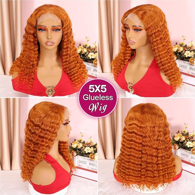 Curly Bob Wig Human Hair Deep Wave 200% Density 5x5 HD Lace Closure Wigs Human Hair Bob Wigs For Black Women Wear And Go Glueless Curly Wig Ginger Color 26 Inch