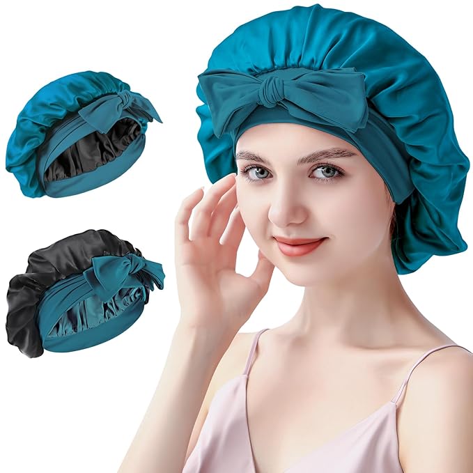 Silk Bonnet for Sleeping Women, 22 Momme 100% Mulberry Silk Sleep Cap, Double-Layer Reversible Silk Hair Wrap for Women & Night Hair Care, Fits All Hair Types – Peacock Blue