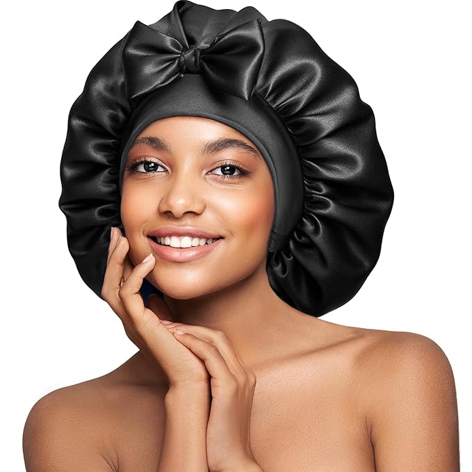 Umisleep Double-Sided 100% 22 Momme Mulberry Silk Bonnet for Sleeping Women, Large Silk Hair Wrap for Long Curly Hair, Non-Slip Sleep Cap with Adjustable Band, Ebony