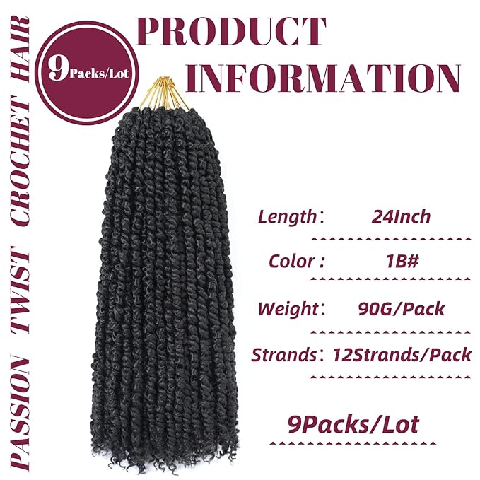 9 Packs Pre-Twisted Passion Twist Crochet Hair,24 Inch Natural Black Crochet Twists Pre Looped Long Passion Twist Crochet Braiding Hair Extensions for Black Women(24 Inch,1B#)