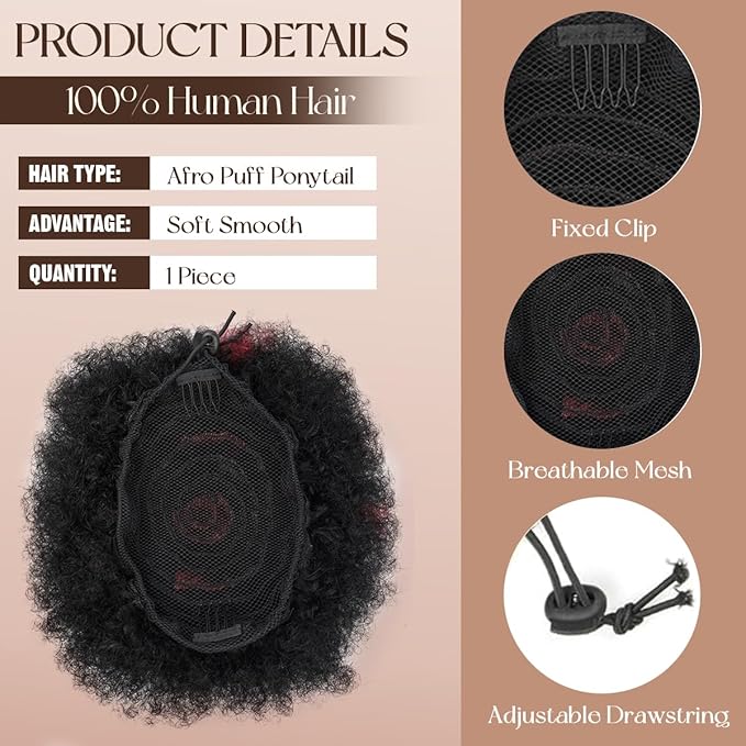 Afro Puff Drawstring Ponytail Extension #H1-99J Black mix Wine Red 4c Human Hair Durable Natural Soft and Smooth Hair Extensions Clip On Ponytail Bun