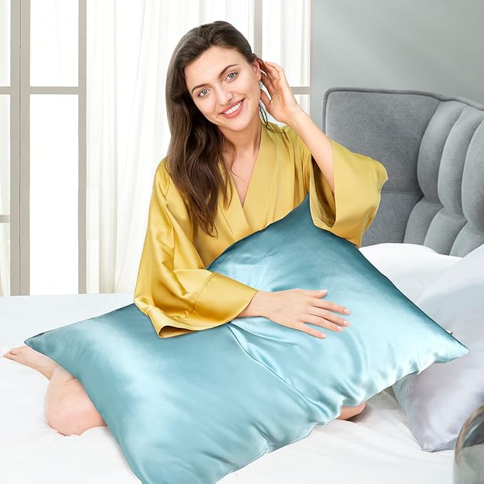 100% Mulberry Silk Pillowcase for Hair and Skin, 22 Momme Pure Natural Silk Pillow Case Both Sided with Zipper, Pillow Cover for Women Mom Men (Airy Blue, King 20''×40'', 1 Pack)