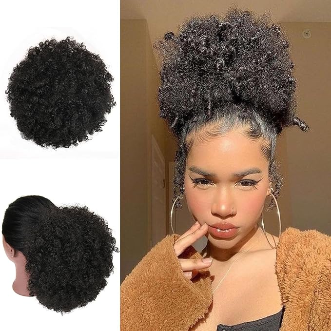 Afro Puff Drawstring Ponytail Extension for Black Women Short Afro Curly Ponytail Extension Clip On Kinky Drawstring Curly Ponytail Bun (2#)