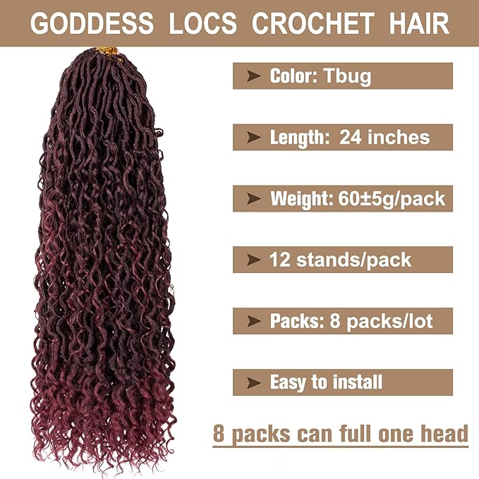 COOKOO 24 Inch Curly Faux Locs Crochet Hair Goddess Locs Crochet Hair 8 Packs Pre-looped Bohemian Locs Crochet Hair for Black Women Soft River Locs Crochet Braids Hair Extentions Tbug#