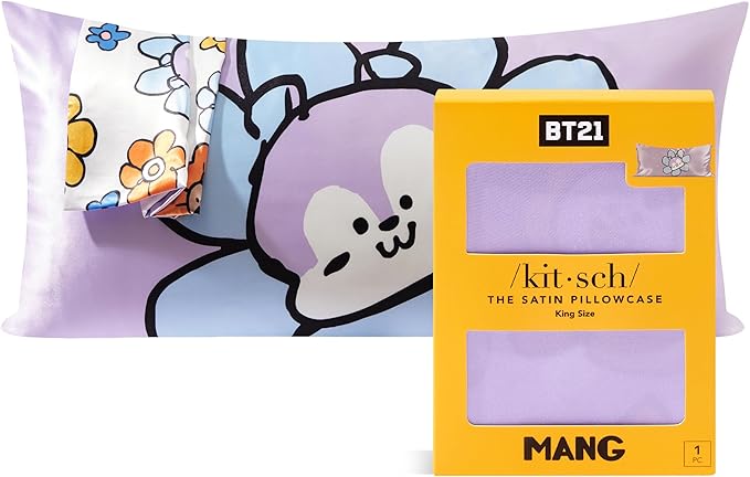 Kitsch x BT21 Satin Pillowcase with Zipper – Better Than Silk Pillowcase, Mang Character & Funky Floral Print – Soft Cooling Toddler Bed Time Pillow Case for Hair & Skin – King Size 19x36