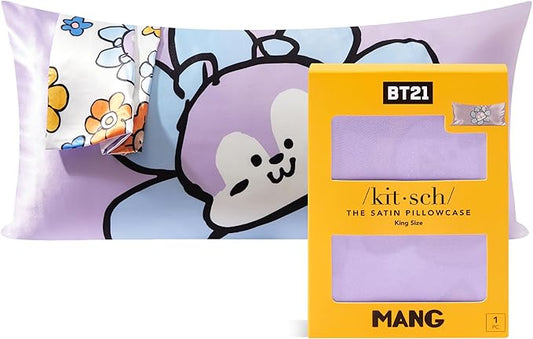 Kitsch x BT21 Satin Pillowcase with Zipper – Better Than Silk Pillowcase, Mang Character & Funky Floral Print – Soft Cooling Toddler Bed Time Pillow Case for Hair & Skin – King Size 19x36