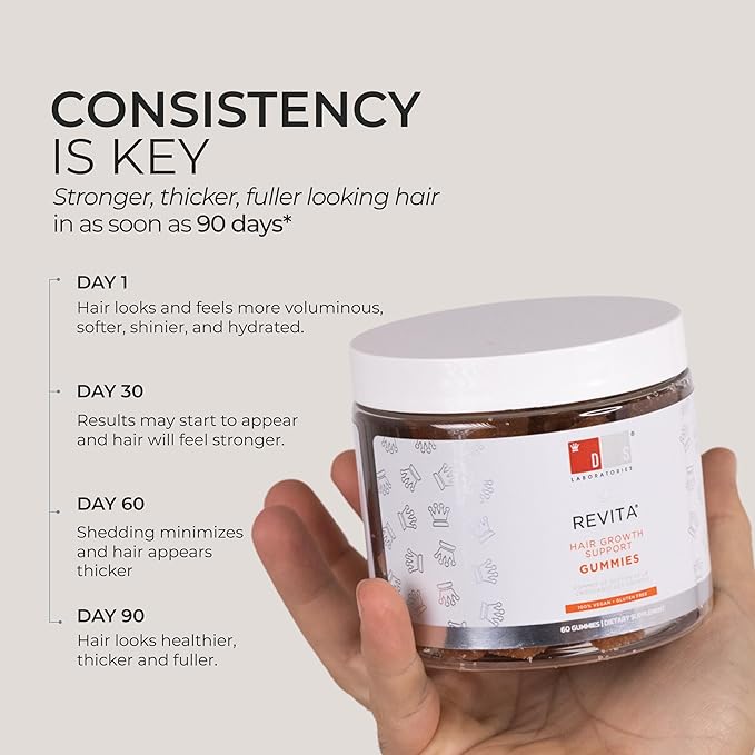 DS Labs Revita Hair Vitamin Gummies - Support for Thicker, Fuller Looking Hair, With Biotin, Zinc, Vitamin D, Iron, Magnesium & Melatonin, Vegan, Gluten-Free, Gelatin-Free, 60 Gummies