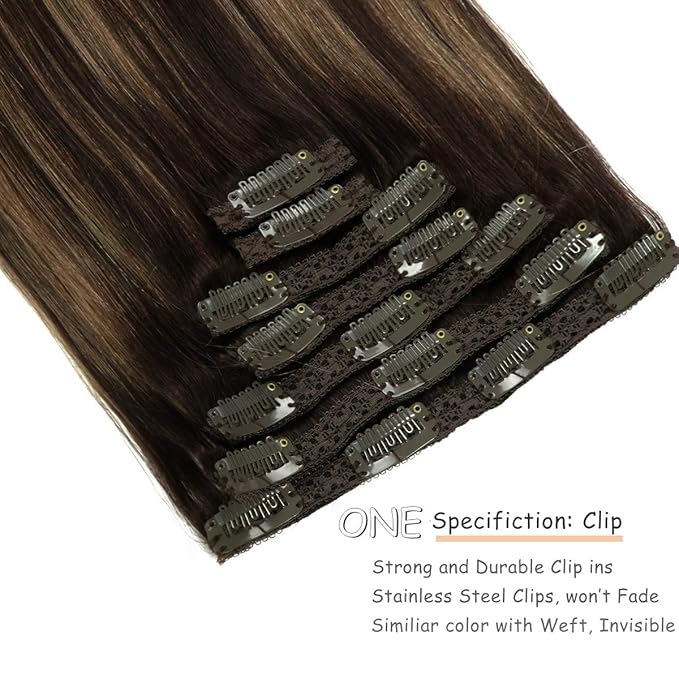 Caliee Human Hair Extensions Clip in 18Inch B2/6 Balayage Darkest Brown Fading to Chestnut Brown Clip in Hair Extensions Human Hair Straight Thick Natural Hair Extension Double Weft 7Pcs 120G