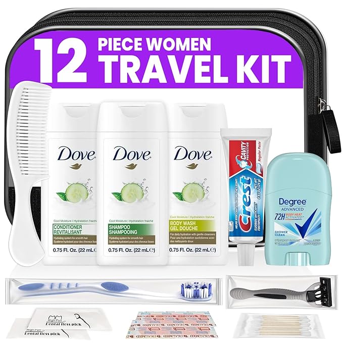 Trektote Travel Toiletry Kit For Women – (5 Pack) 12 Piece Set Of Travel Size Toiletries, TSA Compliant, Travel Essentials, Includes Shampoo And Conditioner, Body Wash, Toiletry Bag & More