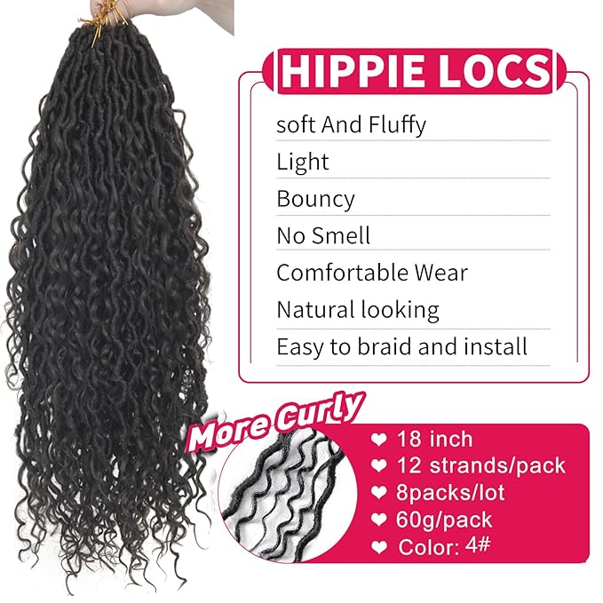 8Packs Goddess Locs Crochet Hair 18Inch Boho Faux Locs,Crochet Loc With Curly Ends River Hippie Bohemian Loc Crochet Hair for Black Women(4#, 18inch(Pack of 8))