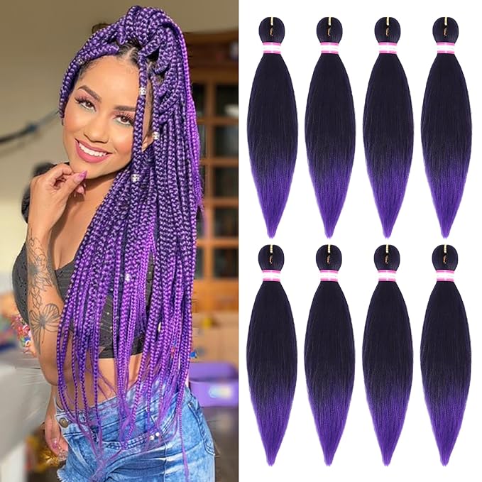 Dorsanee Ombre Purple Braiding Hair Pre Stretched 20 Inch 8 Packs Braiding Hair Extensions for Crochet Box Braids Twists Locs Hair Itch Free Soft Yaki Texture Hot Water Setting (20inch,#1B/Purple)