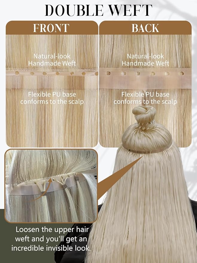 LOXXY Twin Tab Butterfly Genius Weft Human Hair Extensions - Double Invisible Real Remy Hair Beaded Extensions Weft - 14 Inch 100g Golden Blonde to Light Blonde, Twin Tabs Width 31.5"(80cm)