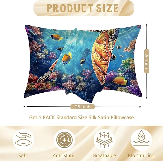 Sea Turtle Ocean Satin Pillowcase with Zipper for Hair and Skin Underwater Marine Plants 1 Pack Soft Silk Pillow Case Standard Size Wrinkle-Free Smooth and Cooling Satin Pillow Cover 20”x26”