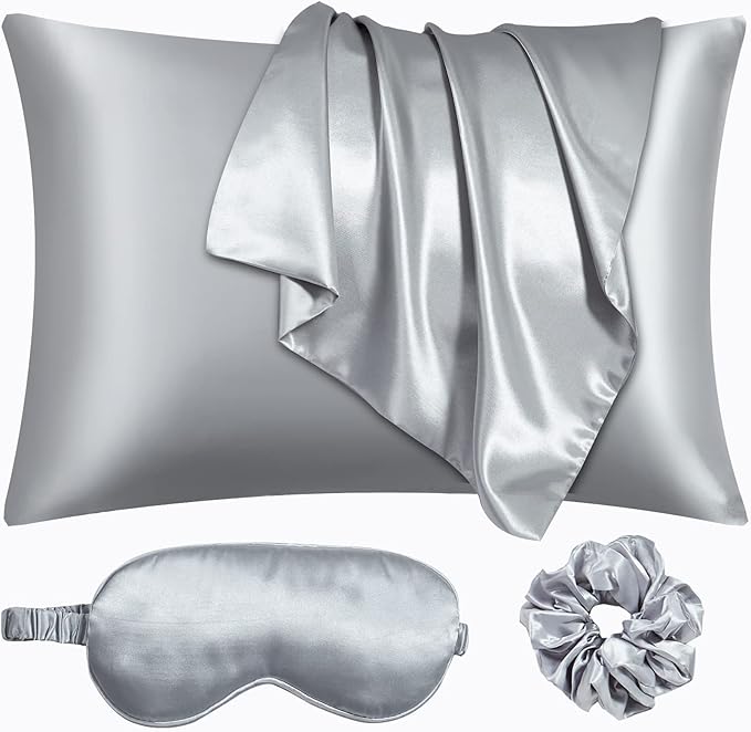 Satin Pillowcase for Hair and Skin, Vegan Silk Pillowcase Set-2 Satin Pillowcases, 1 Eye Mask, 1 Scrunchie-Luxury Sleep Set, Silver Gray Pillow Cases with Envelope Closure Standard Size