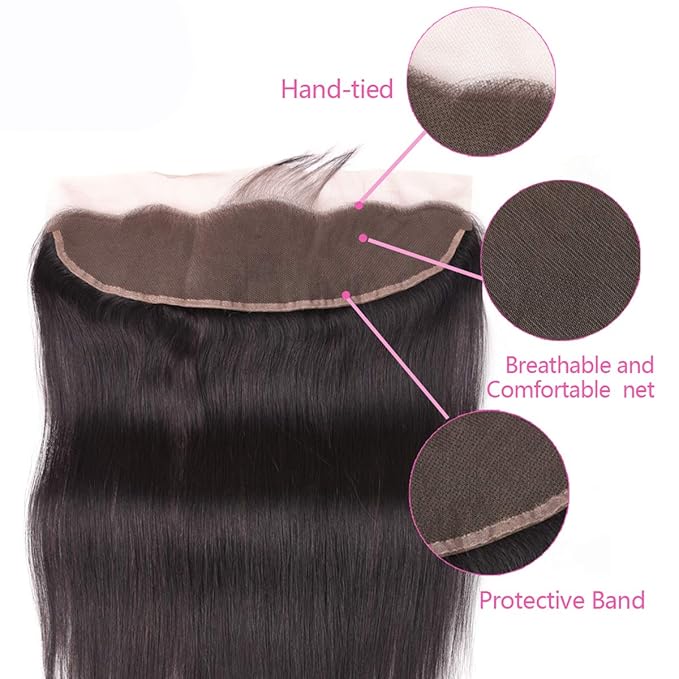 Brazilian Straight Hair 3 Bundles With Frontal Closure 13x4 Ear To Ear Lace Frontal With Bundles Unprocessed Virgin Human Hair Extensions Natural Color (18 20 22+18Frontal)