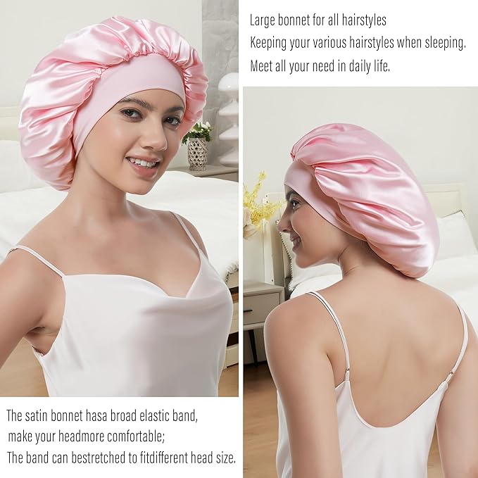 Silk Bonnet for Sleeping Women, Satin Hair Sleep Bonnets for Curly Hair Braids, Double Layer Large Wide Band Sleep Cap