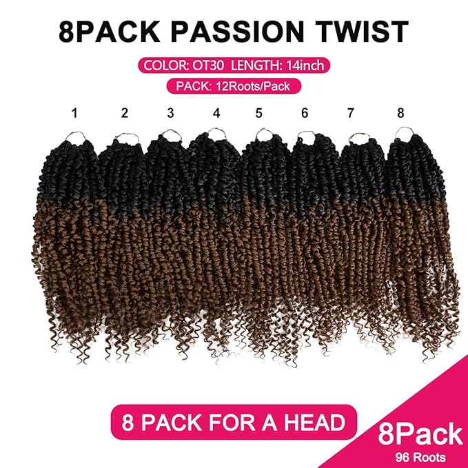 NAYOO Passion Twist Hair - 8 Packs 14 Inch Passion Twist Crochet Hair For Women, Crochet Pretwisted Curly Hair Passion Twists Synthetic Braiding Hair Extensions(14 Inch 8 Packs, OT30)