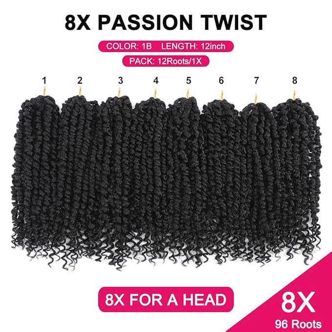 Passion Twist Hair - 8X 12 Inch Passion Twist Crochet Hair For Women, Crochet Pretwisted Curly Hair Passion Twists Synthetic Braiding Hair Extensions (12 Inch, 1B)