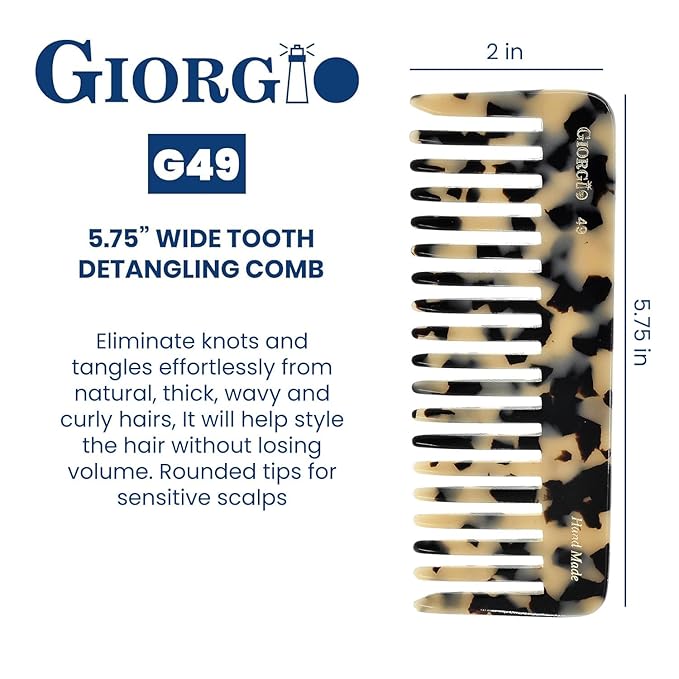 Giorgio G49 White Tokio, Large 5.75 Inch Hair Detangling Comb, Wide Teeth for Thick Curly Wavy Hair. Detangler Comb For Wet and Dry. Handmade of Quality Cellulose, Saw-Cut, Hand Polished