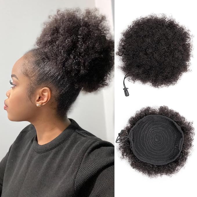 Afro Puff Drawstring Ponytail Human Hair Small Kinky Curly Ponytail Buns Hairpieces 8A Brazilian Virgin Hair Short Clip In Ponytails for Black Women Girls Kids 6 Inch Natural Black