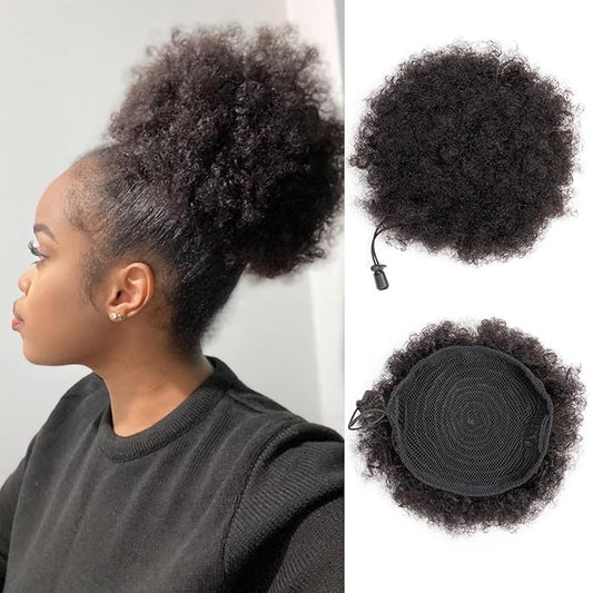 Afro Puff Drawstring Ponytail Human Hair Small Kinky Curly Ponytail Buns Hairpieces 8A Brazilian Virgin Hair Short Clip In Ponytails for Black Women Girls Kids 6 Inch Natural Black