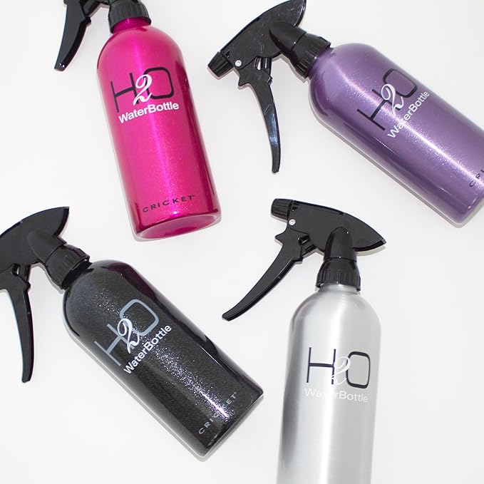 Cricket H2O Water Spray Bottle for Hair Mist – Continuous Stream, Adjustable Nozzle & Stronger Spray Bottles, Durable Aluminum, Refillable for Hair Styling & Barber Use – 13.5 oz, Sparkle Black