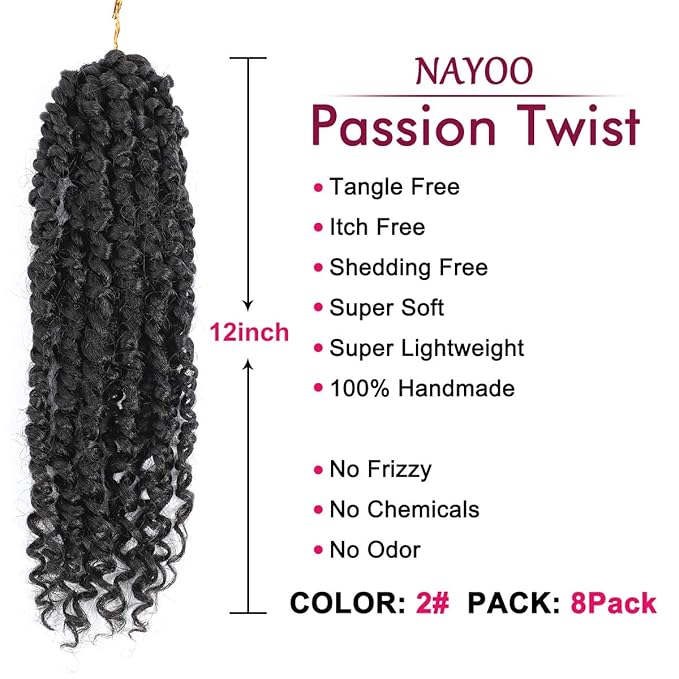 Passion Twist Hair - 8 Packs 12 Inch Passion Twist Crochet Hair For Women, Crochet Pretwisted Curly Hair Passion Twists Synthetic Braiding Hair Extensions (12 Inch 8 Packs, #2)