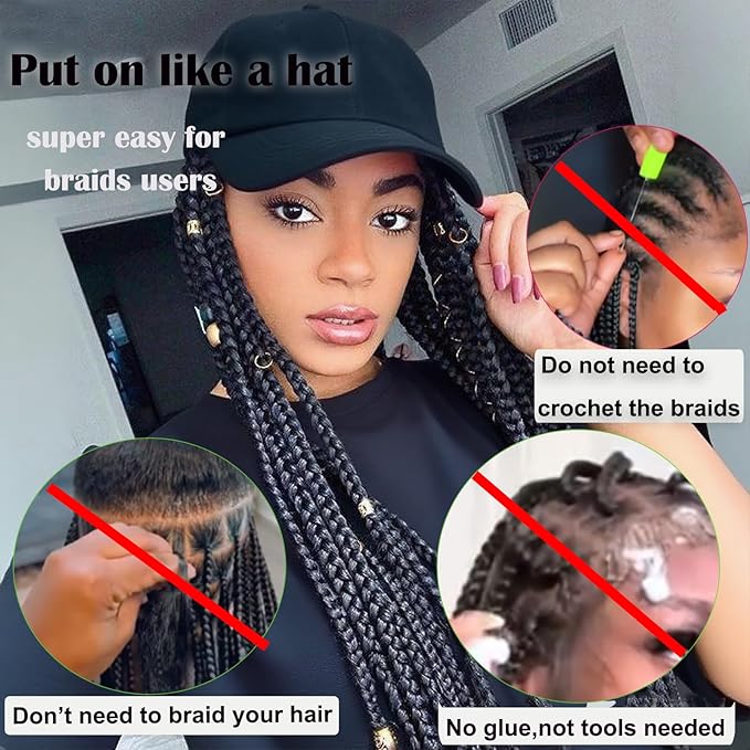 Hat Wig for Women Baseball Cap with Braided Hair Attached Synthetic Black Box Braid Wig Hat Adjustable Cap with Braids for Daily Outdoor Use (B-Black)