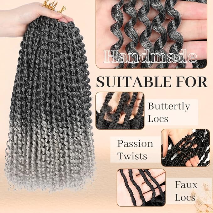 Passion Twist Hair 18 Inch Water Wave Passion Twist Crochet Hair Synthetic Braids for 6 Packs Passion Twist Crochet Braiding Hair Goddess Locs Long Bohemian Locs Hair (18 Inch, #1B/Silver)