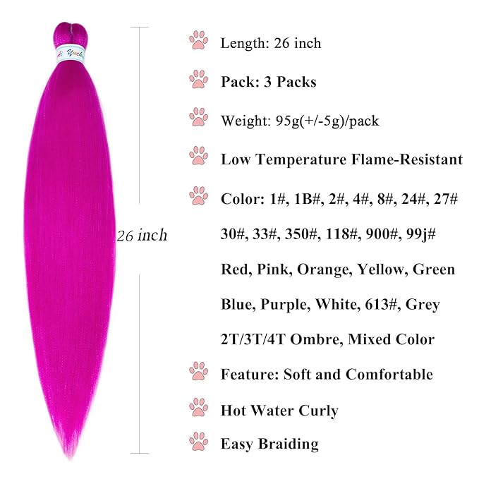 Pink Braiding Hair Extensions For Braids Magenta Pink Braiding Hair Pre Stretched 26 Inch, Hot Water Set Yaki Synthetic Hypoallergenic Pre Stretched Braiding Hair Bundles