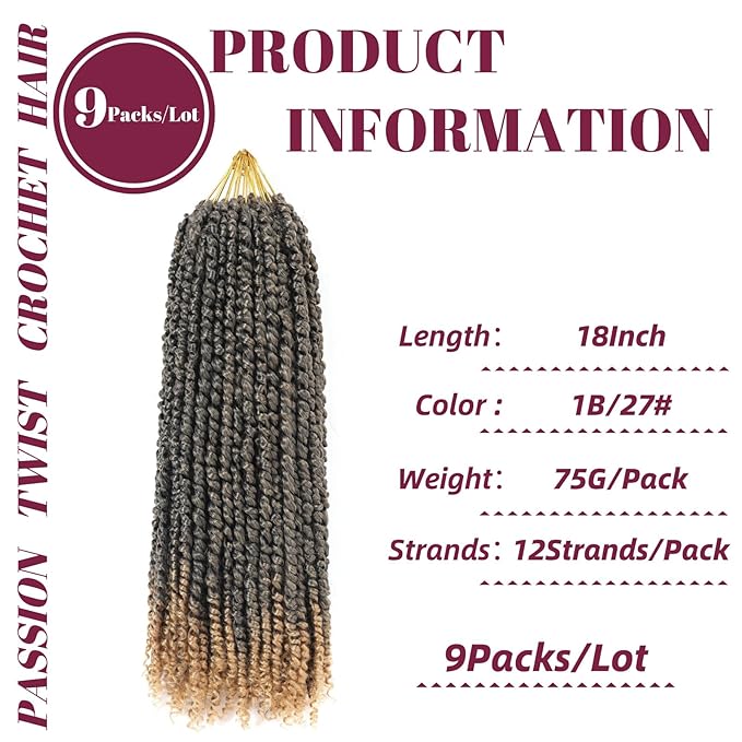 Passion Twist Hair 18 Inch 9 Packs Pretwisted Pre-Looped Crochet Braids Crochet Short Passion Twist Hair Pretwisted Hair Extension (18 Inch, T27#)