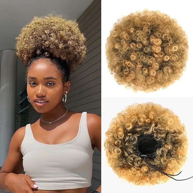 YEAME Afro Puff Drawstring Ponytail for Black Women, Short Kinky Curly Afro Ponytail Synthetic Hair Puffs, Black to Honey Brown Afro Bun Drawstring Ponytail for Women Girls (1B27 Black to Honey Brown)