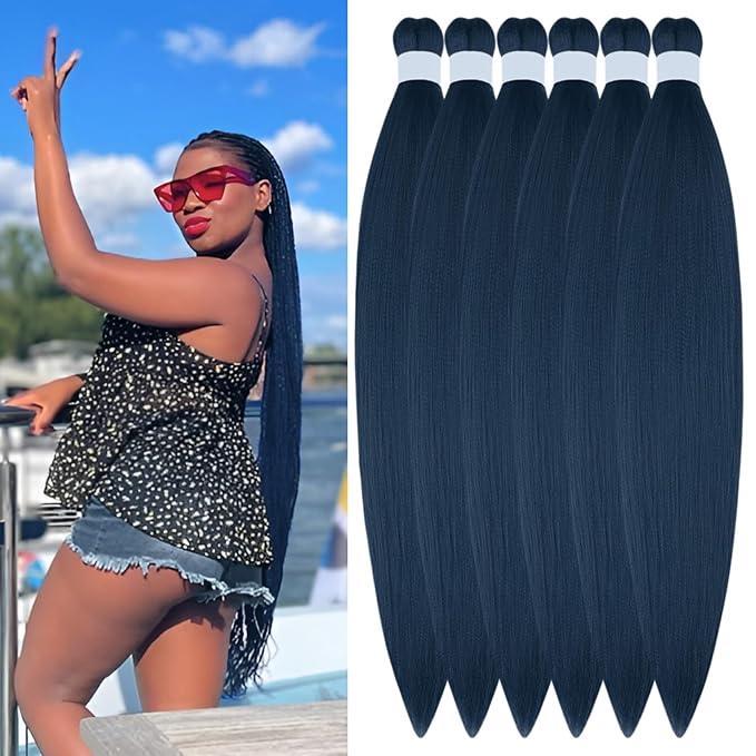Navy Blue Braiding Hair Pre stretched Hypoallergenic Blue Braiding Hair Extensions for Knotless Braids Prestretched Yaki Texture（Packs of 6,26",21 OZ）