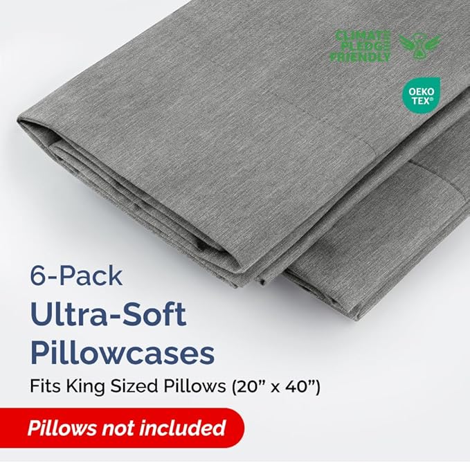 King Pillow Cases Set of 6 - Ultra Soft Hotel Quality Pillowcase Covers - Comfy & Wrinkle Free - Shrink, Stain and Fade Resistant - Machine Washable Pillow Protectors - 6 Piece Set - Heathered Grey
