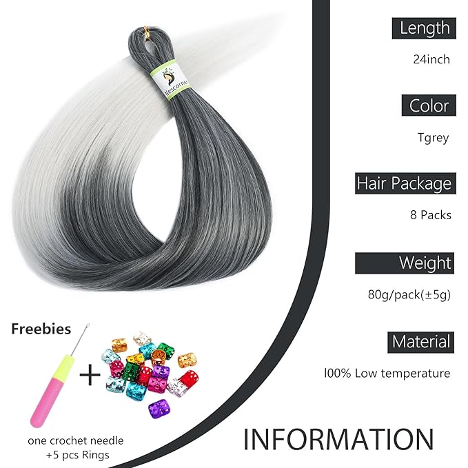 Pre Stretched Braiding Hair Ombre Tgrey 24 Inch 8 Packs, Synthetic Yaki Braiding Hair Pre Stretched