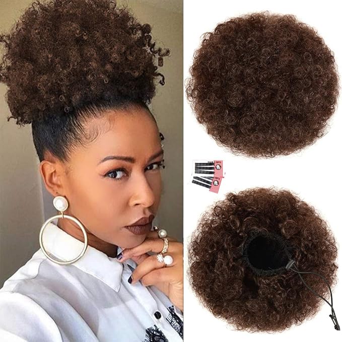 rosmile Afro Puff Drawstring Ponytail Extension for Black Women, Premium Medium Brown #4 80 Gram Short Synthetic Afro Puff Ponytail for Natural Hair, Clip On Kinky Drawstring Curly Ponytail Bun