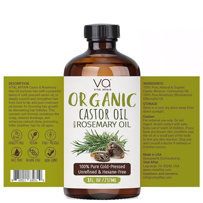 VITAL AFFAIR Organic Castor Oil With Rosemary Oil For Hair Growth - 100% Pure Rosemary Hair Oil With Pure Castor Oil Cold Pressed Unrefined Glass Bottle - Strengthening & Volumizing 8 Fl Oz