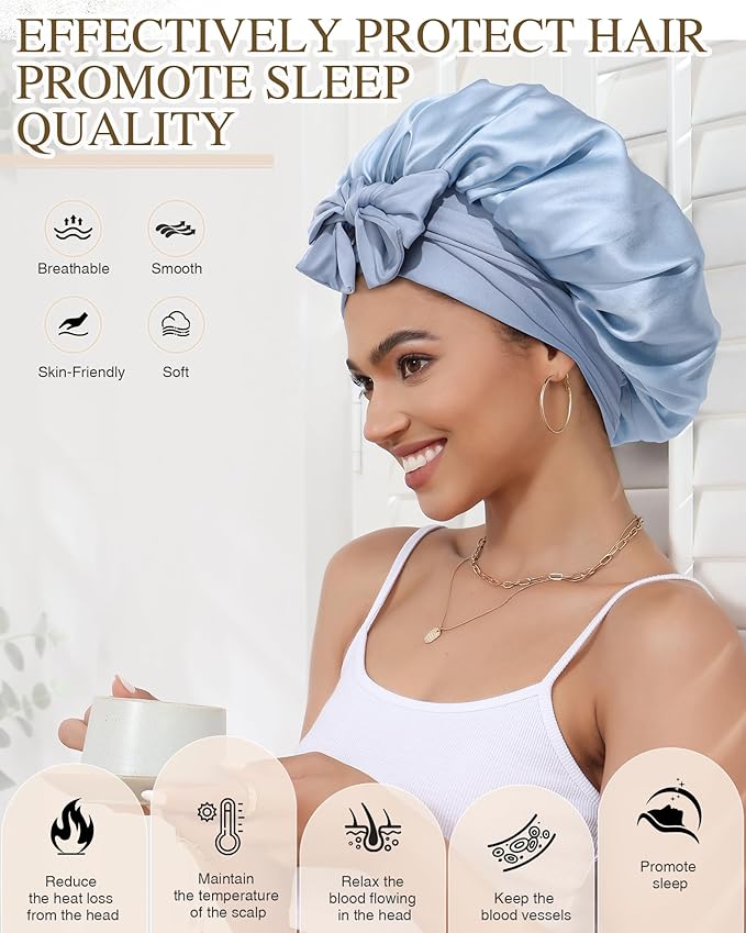 Silk Bonnet for Sleeping 100% Mulberry Women Double Layer Sleep Cap with Adjustable Elastic Band Silk Hair Wrap