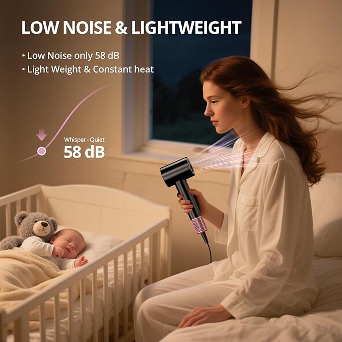 High Speed Hair Dryer, Travel Hair Dryer - 180,000 RPM/Min, 3 Min Fast Drying, 500 Million Negative Ions, Blow Dryer with 4 Temperature and 2 Speed Settings, Hair Dryers for Home & Travel（Rose Pink）